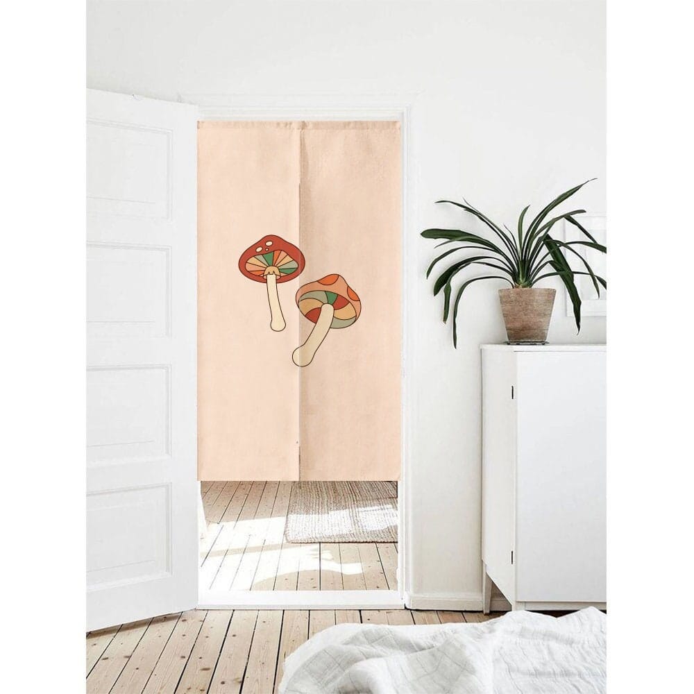 Cute red mushrooms on pink background Doorway Entrance Curtain Noren image 0