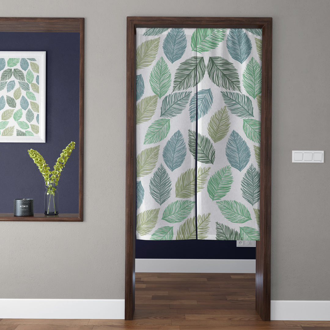 Japandi Minimalist Sage Green Leaf Pattern Doorway Curtain Noren Botanical Room Divider