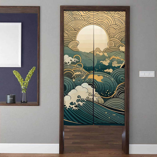 Japanese Traditional Golden Moon & Emerald Green Ocean Wave Doorway Curtain Noren Zen Room Divider
