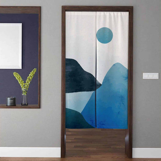 Minimalist Japandi Blue Watercolor Mountain & Circle Moon Doorway Curtain Noren Zen Room Divider