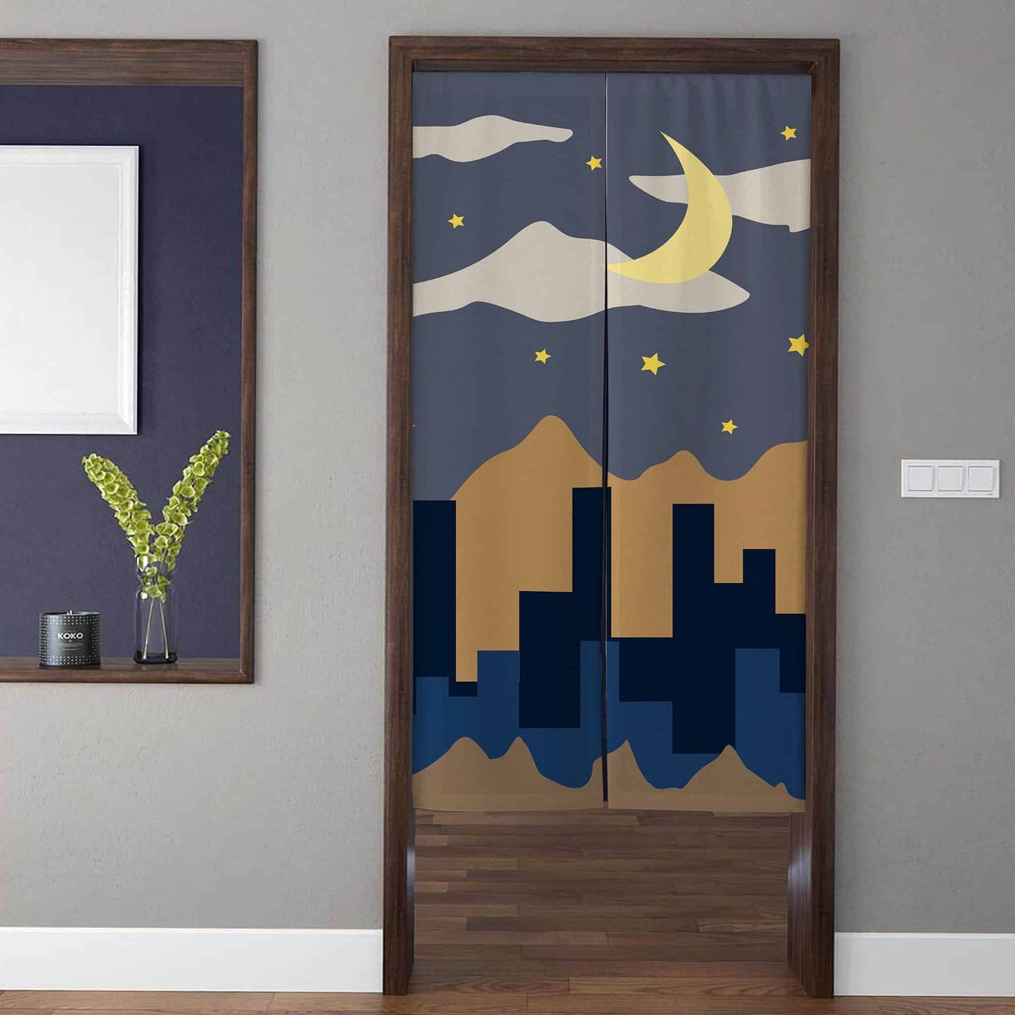 Minimalist Crescent Moon Star & City Skyline Mountain Doorway Curtain Noren Room Divider