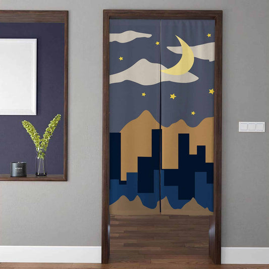 Minimalist Crescent Moon Star & City Skyline Mountain Doorway Curtain Noren Room Divider