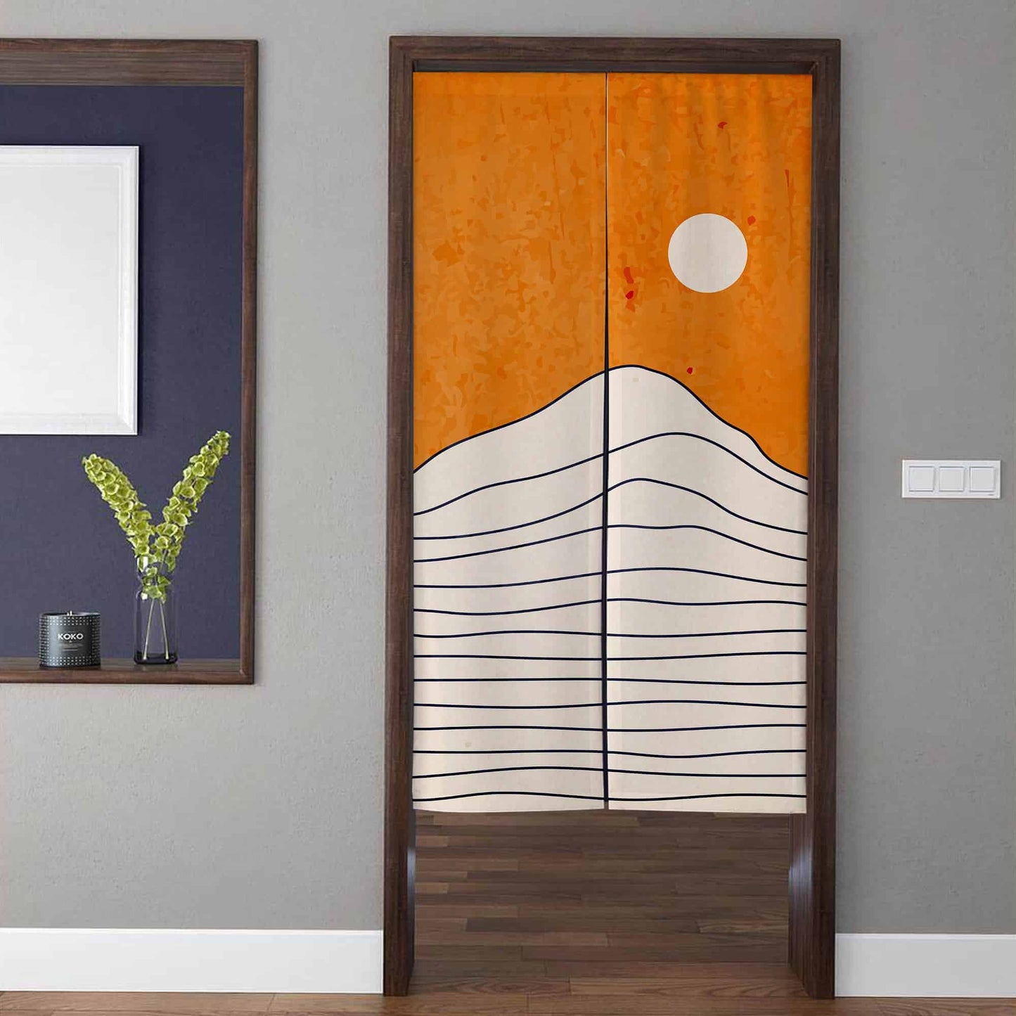 Minimalist Mid-Century Warm Orange Sky & White Sun Dune Line Art Doorway Curtain Noren Room Divider