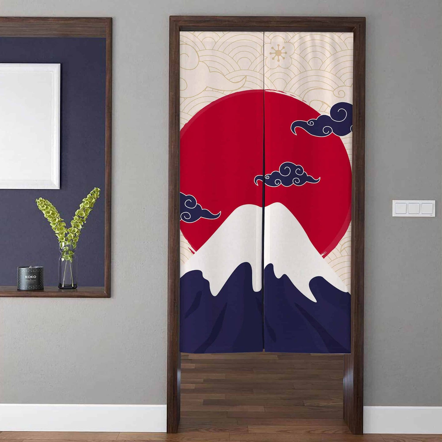 Japanese Traditional Crimson Sun & Snow-Capped Mt. Fuji Doorway Curtain Noren Zen Room Divider
