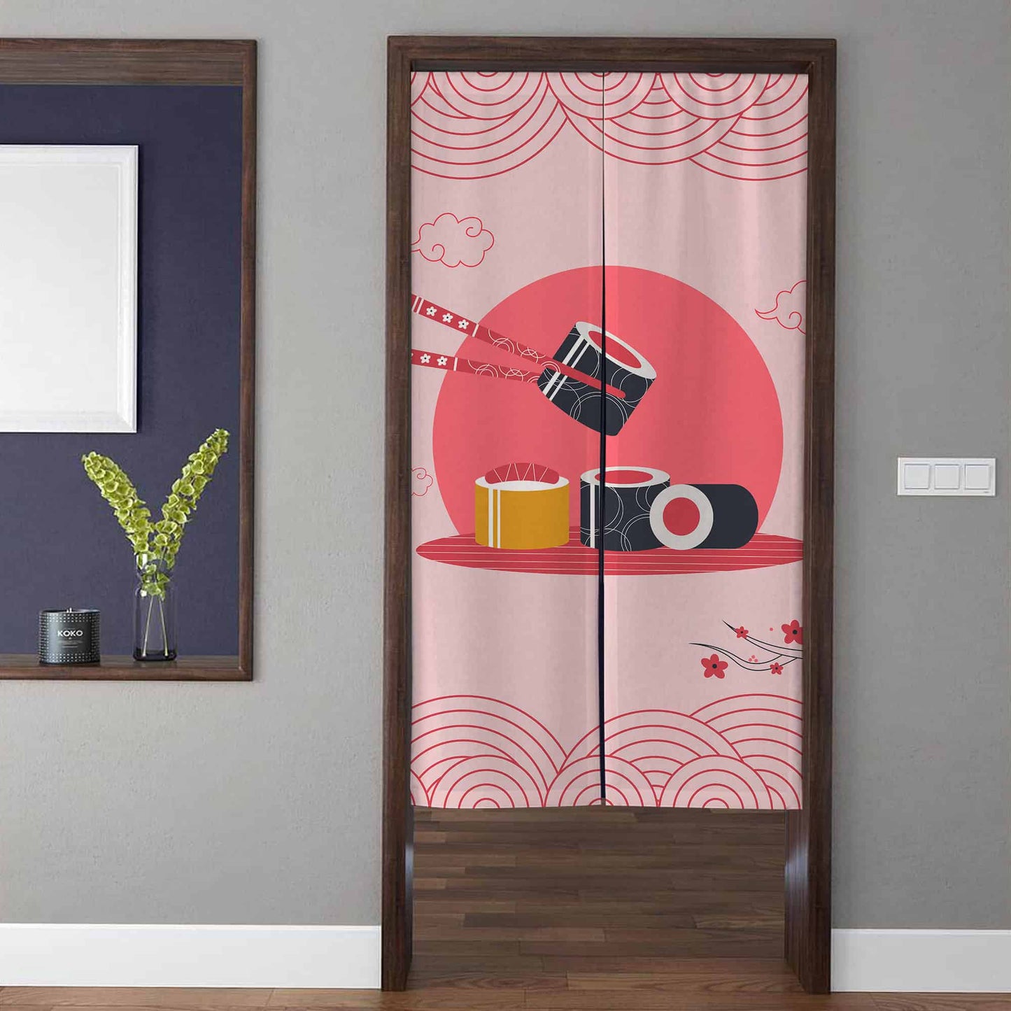 Japanese Traditional Sushi Roll & Crimson Sun Doorway Curtain Noren Kitchen Room Divider