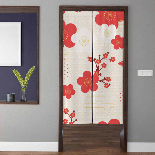 Japanese Traditional Crimson Red Plum Blossom & Gold Cloud Doorway Curtain Noren Zen Room Divider