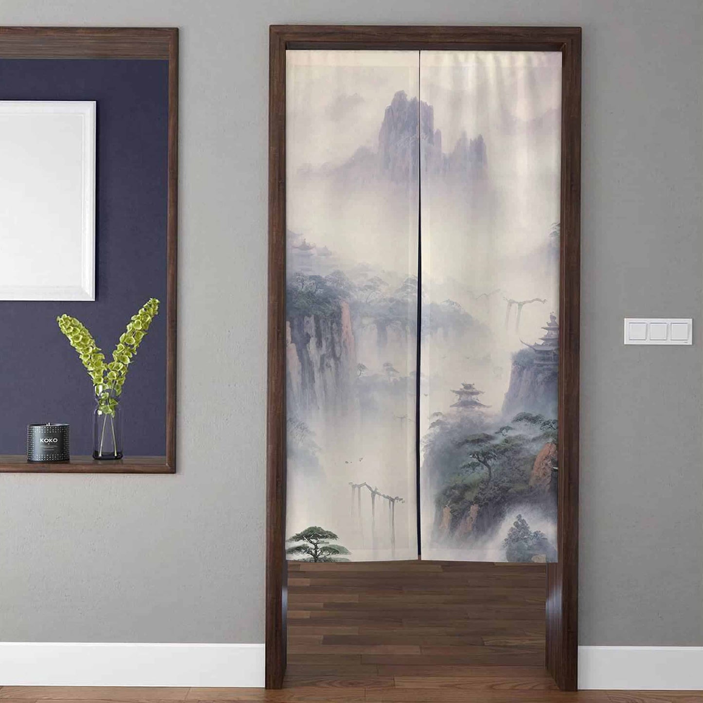 Japanese Traditional Misty Ink Wash Mountain & Cliff Temple Doorway Curtain Noren Zen Room Divider