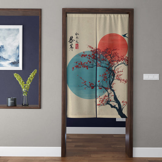 Japanese Traditional Crimson Sun & Teal Circle Plum Blossom Doorway Curtain Noren Zen Room Divider