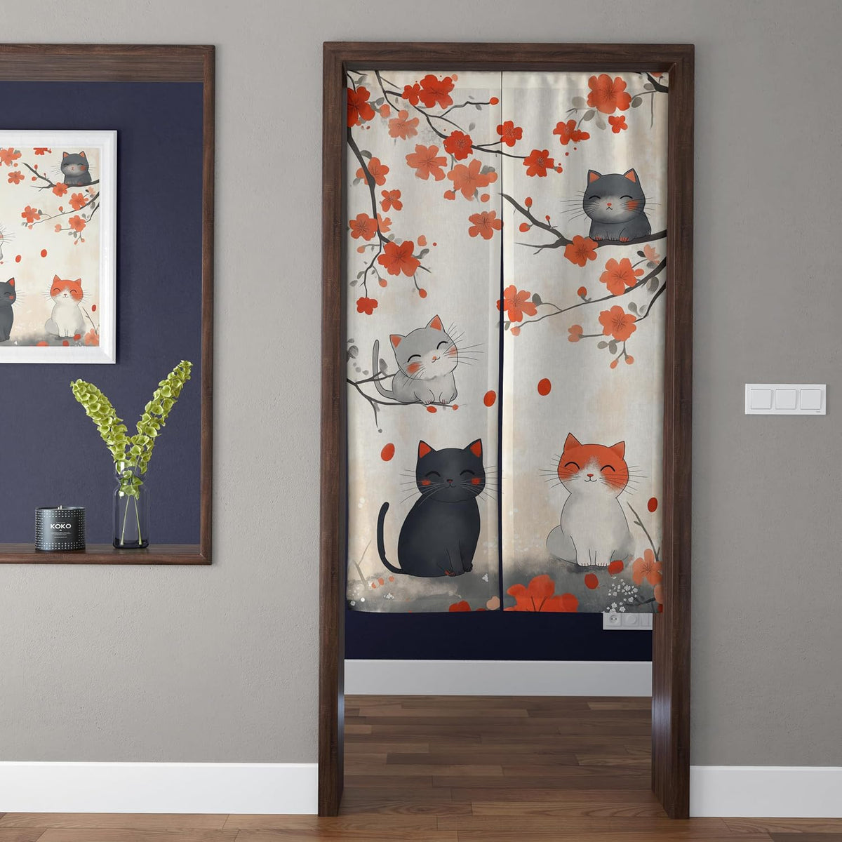 Japanese Watercolor Autumn Maple Branches & Four Cute Cats Doorway Curtain Noren Room Divider