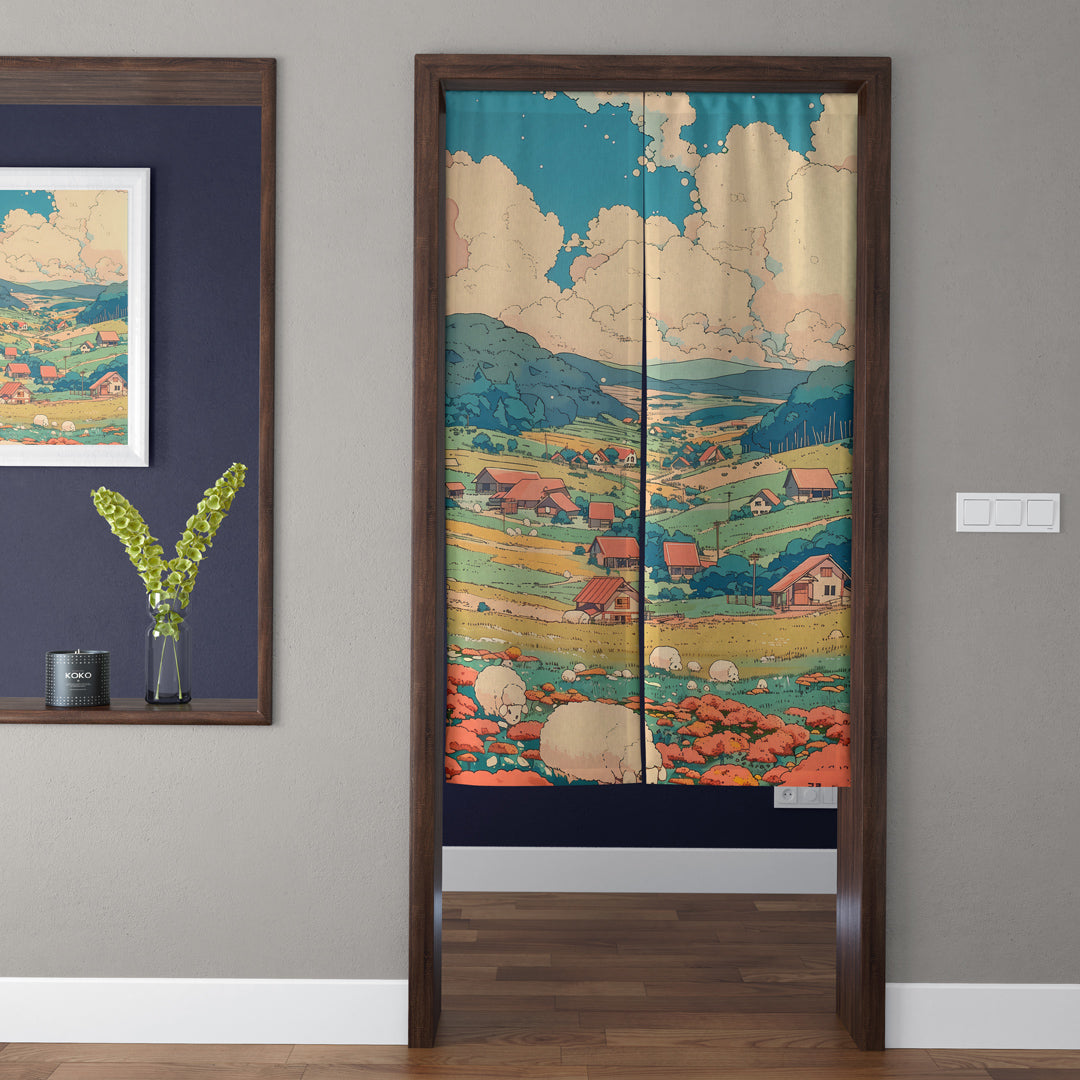 Ghibli Style Countryside Village & Grazing Sheep Doorway Curtain Noren Pastoral Room Divider