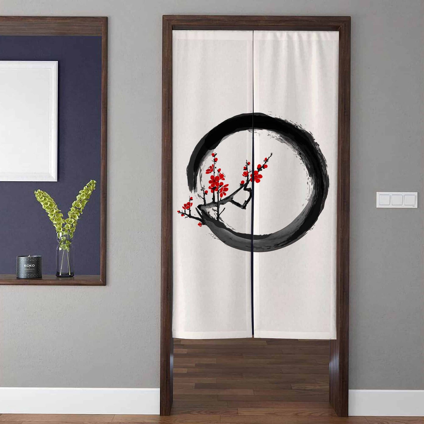 Japanese Minimalist Zen Enso Circle & Red Plum Blossom Doorway Curtain Noren Room Divider