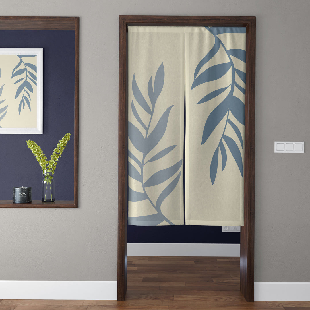 Japandi Minimalist Slate Blue Leaf Branch Doorway Curtain Noren Botanical Room Divider
