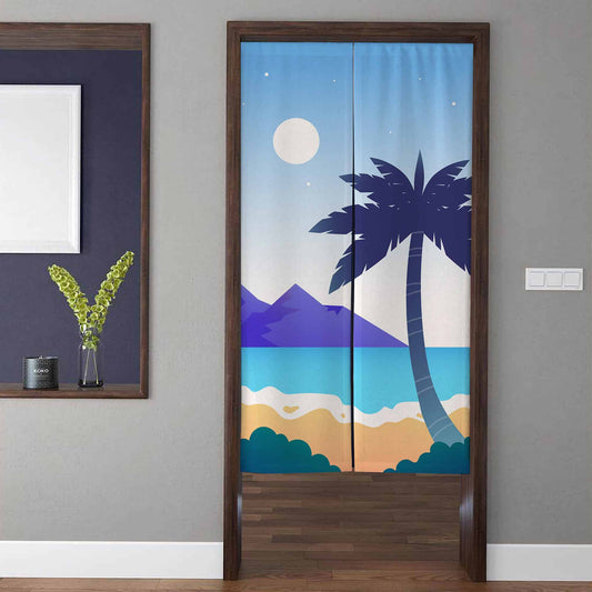 Modern Coastal Tropical Palm Tree & Beach Moon Doorway Curtain Noren Room Divider