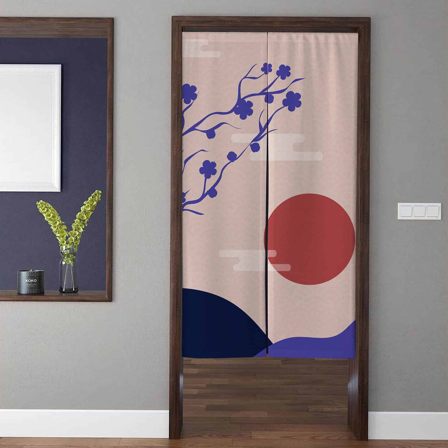 Japanese Traditional Crimson Sun & Royal Blue Plum Blossom Doorway Curtain Noren Zen Room Divider