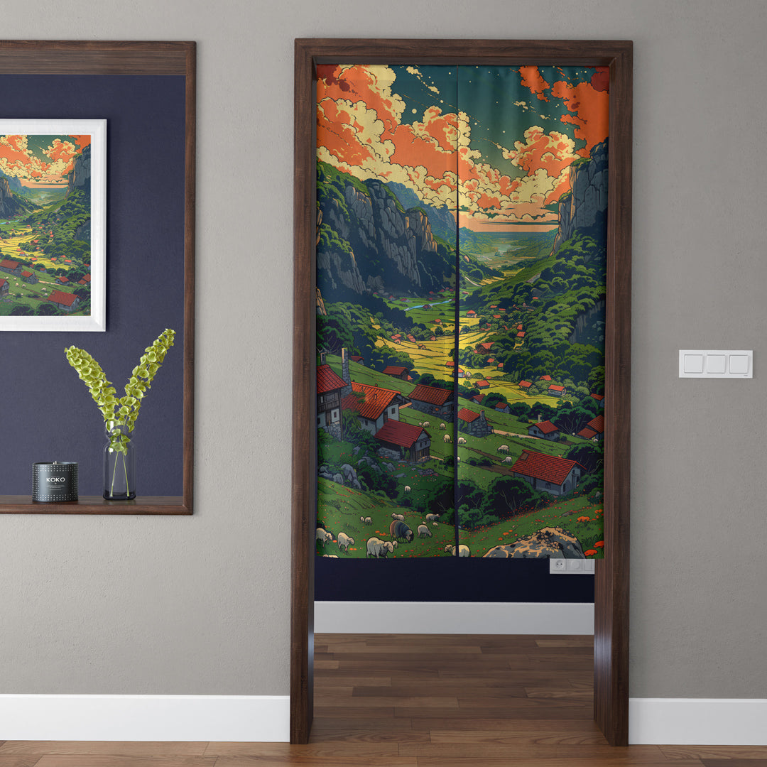 Ghibli Style Mountain Valley Sunset Village & Grazing Sheep Doorway Curtain Noren Pastoral Room Divider