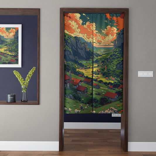 Ghibli Style Mountain Valley Sunset Village & Grazing Sheep Doorway Curtain Noren Pastoral Room Divider