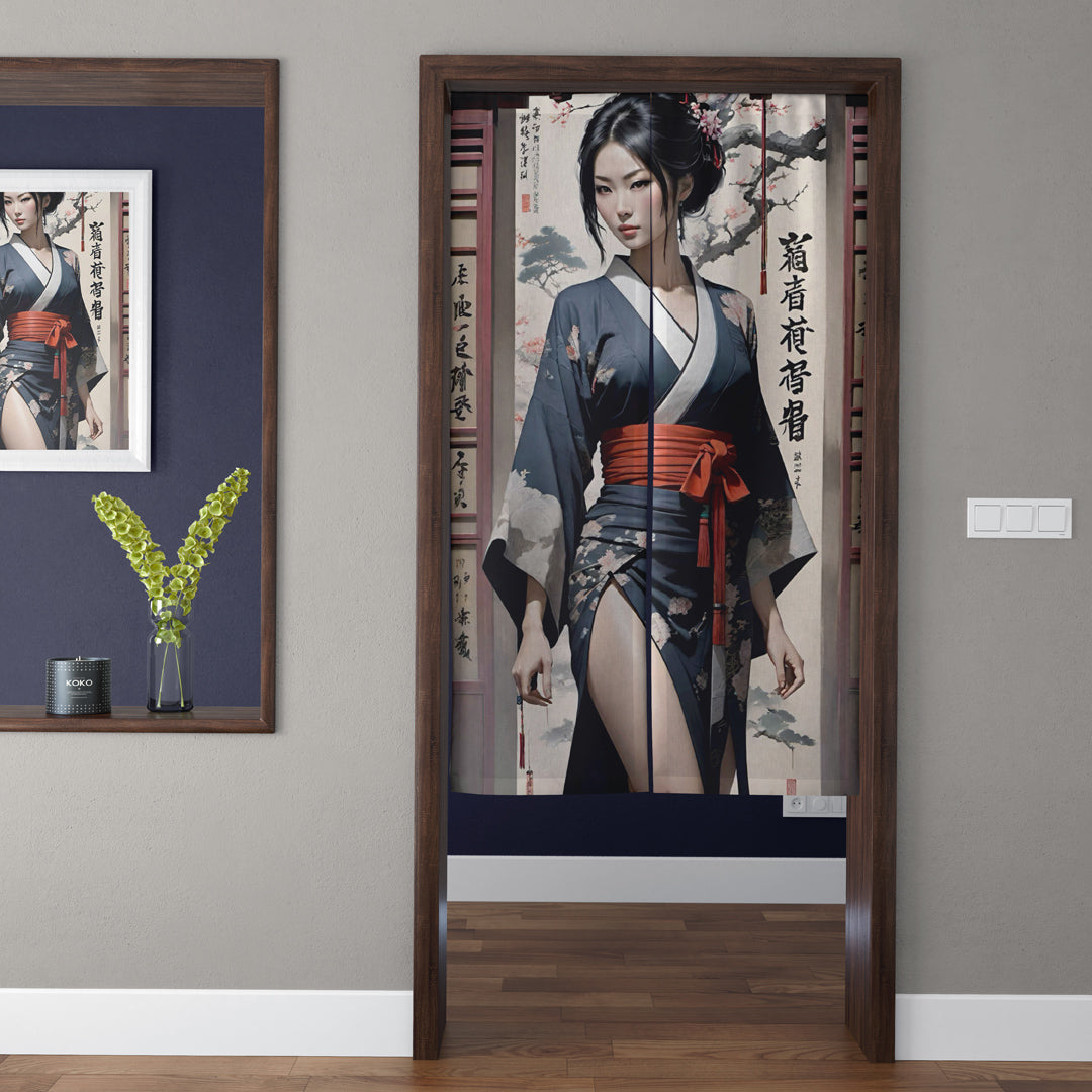 Japanese Traditional Navy Kimono Geisha & Red Obi Doorway Curtain Noren Zen Room Divider