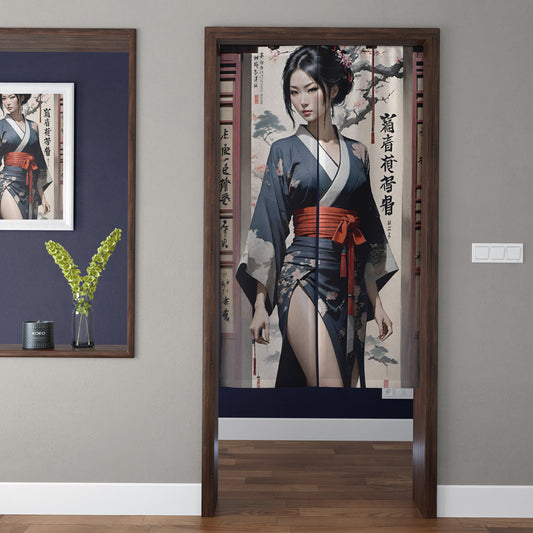 Japanese Traditional Navy Kimono Geisha & Red Obi Doorway Curtain Noren Zen Room Divider
