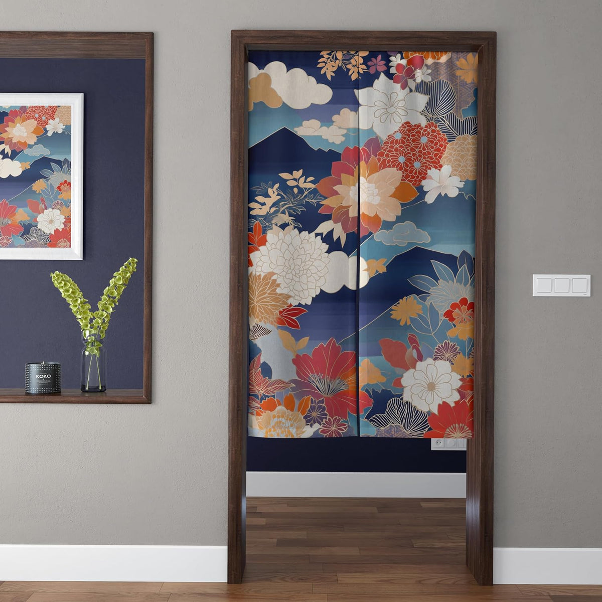 Traditional Japanese Ukiyo-e Mt. Fuji & Blooming Florals Doorway Curtain Noren Room Divider