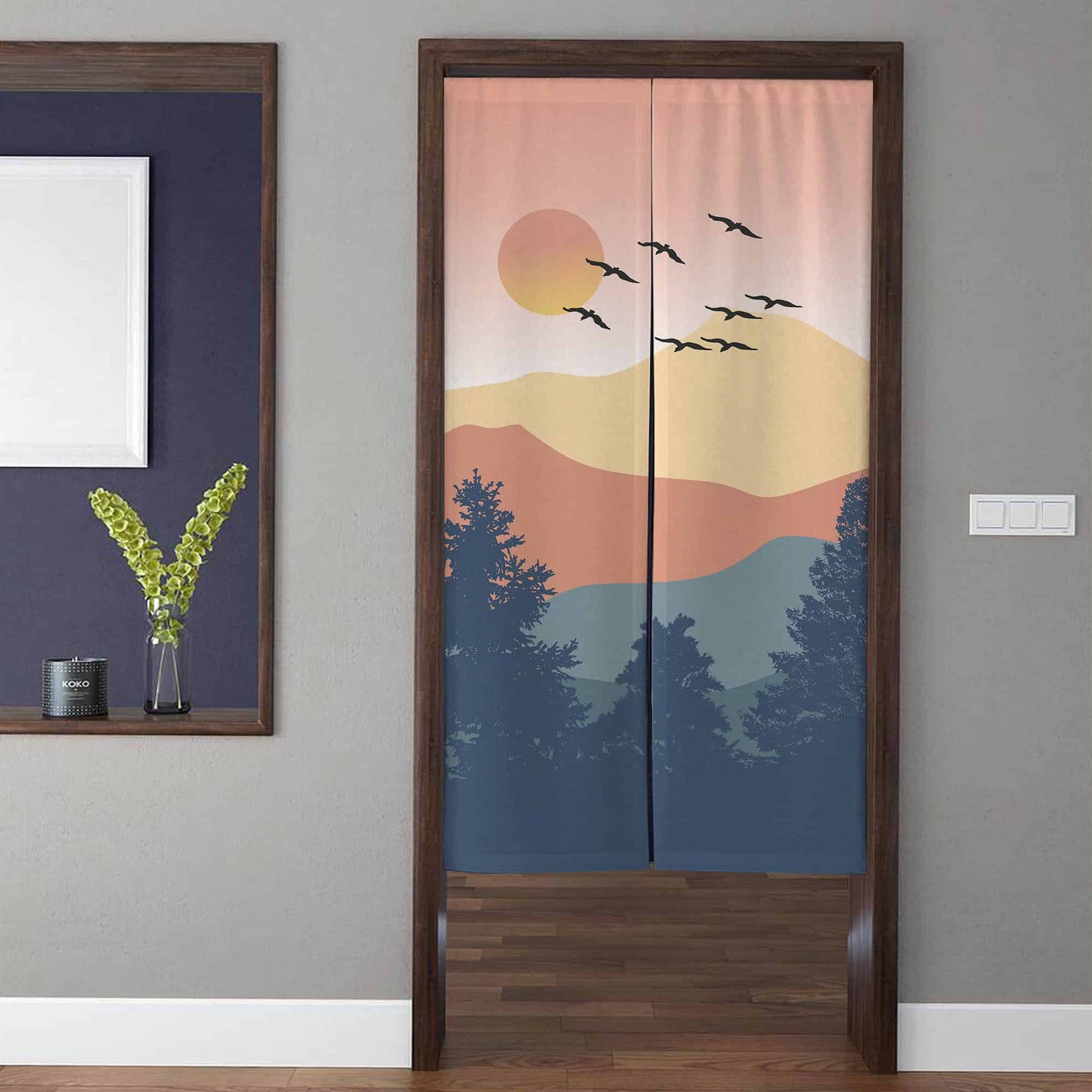 Minimalist Abstract Sunset Mountain & Pine Forest Doorway Curtain Noren Boho Room Divider