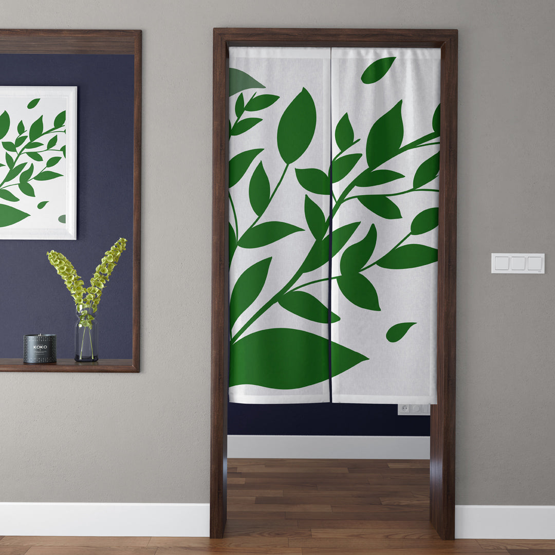 Japandi Minimalist Emerald Green Leaf Branch Doorway Curtain Noren Botanical Room Divider