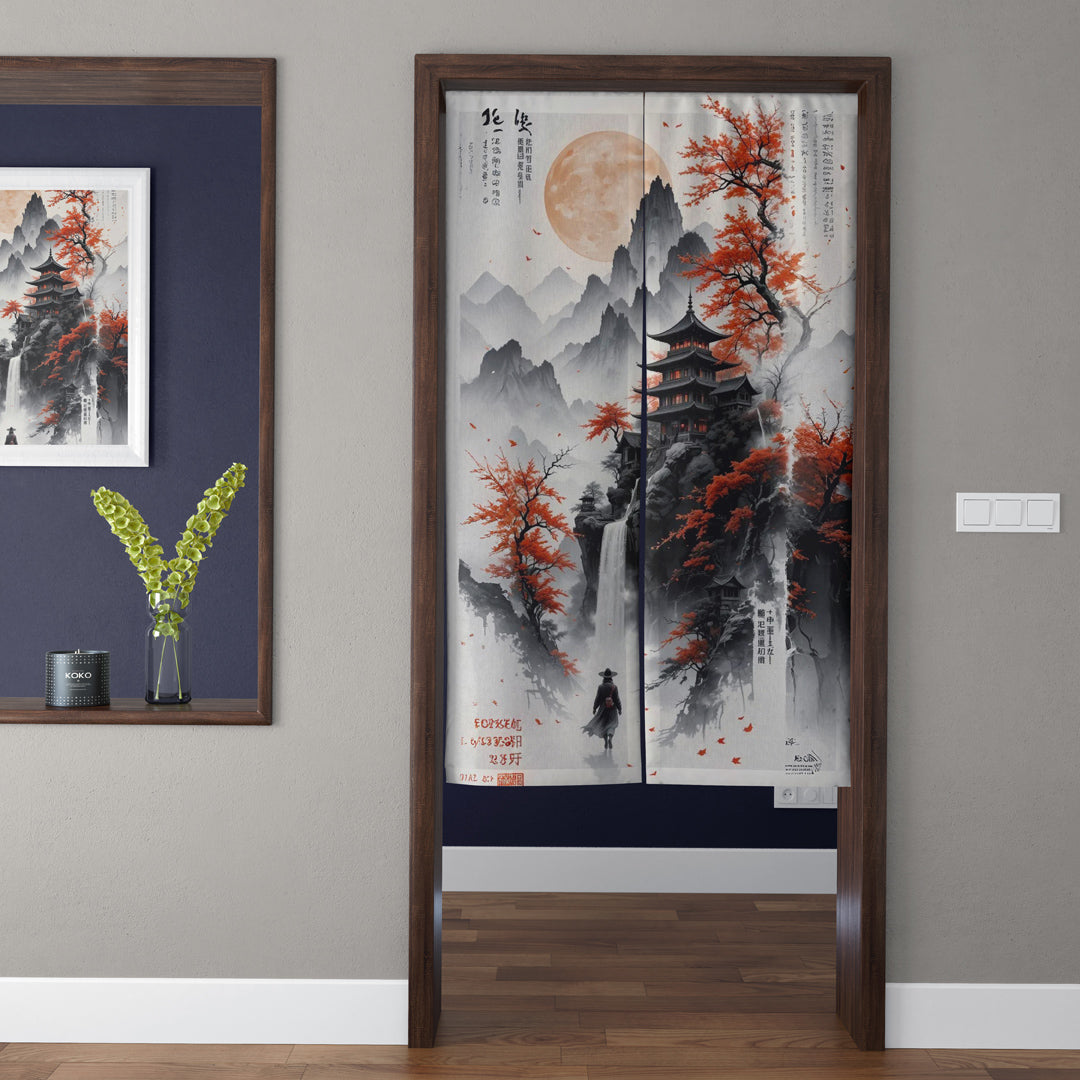 Japanese Traditional Ink Wash Autumn Red Maple Pagoda Doorway Curtain Noren Zen Room Divider