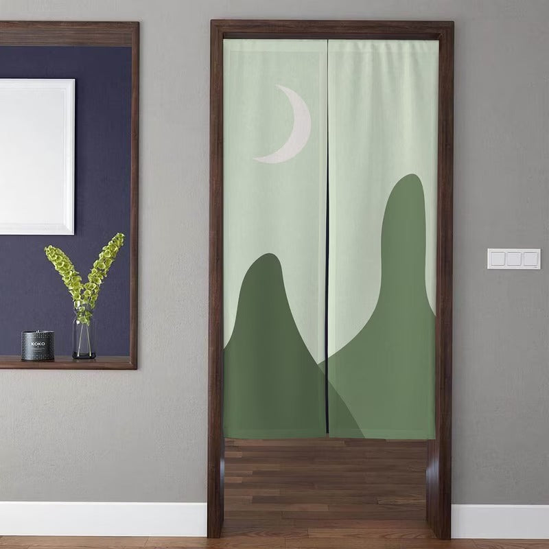 Minimalist Japandi Sage Green Abstract Mountain Peaks & Crescent Moon Doorway Curtain Noren Room Divider