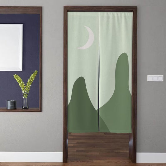 Minimalist Japandi Sage Green Abstract Mountain Peaks & Crescent Moon Doorway Curtain Noren Room Divider