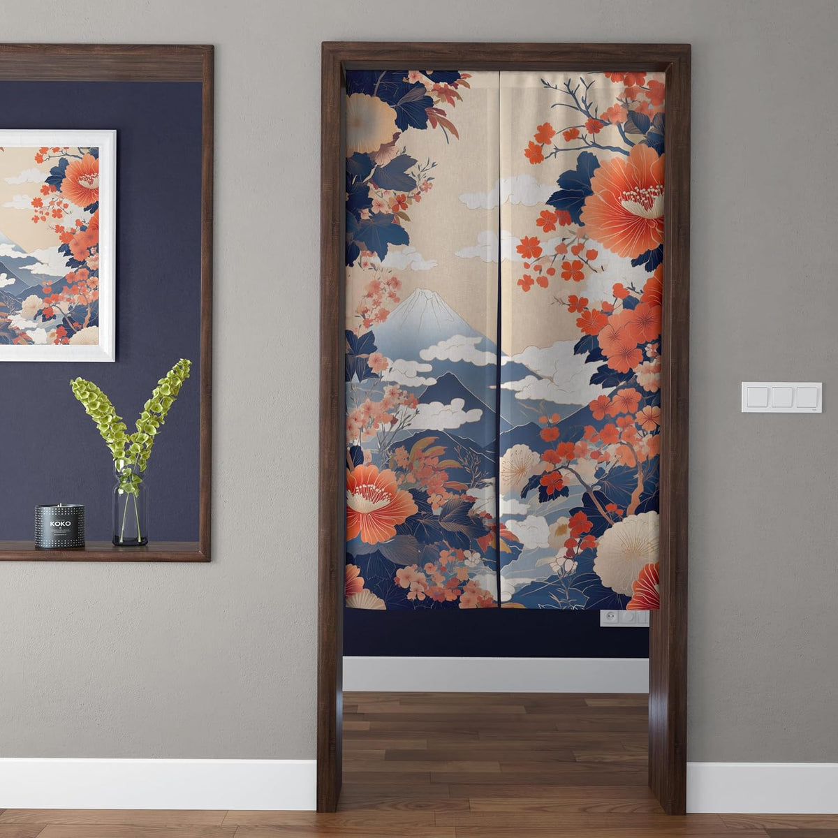 Traditional Japanese Ukiyo-e Mt. Fuji & Crimson Florals Doorway Curtain Noren Room Divider