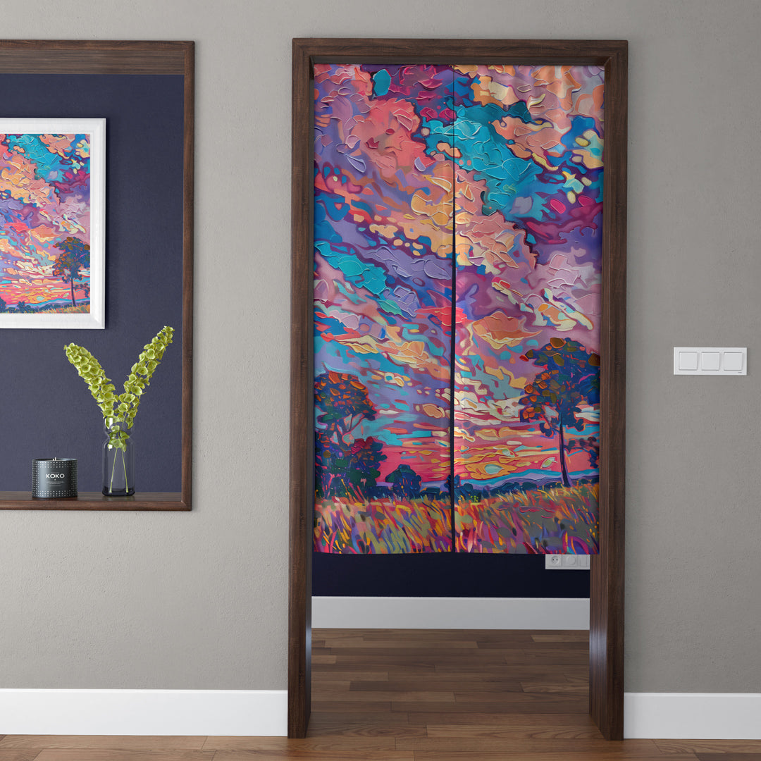 Vibrant Impasto Oil Painting Sunset Sky & Meadow Doorway Curtain Noren Impressionist Room Divider