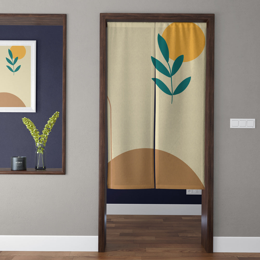 Japandi Minimalist Terracotta Sun & Teal Leaf Branch Doorway Curtain Noren Room Divider