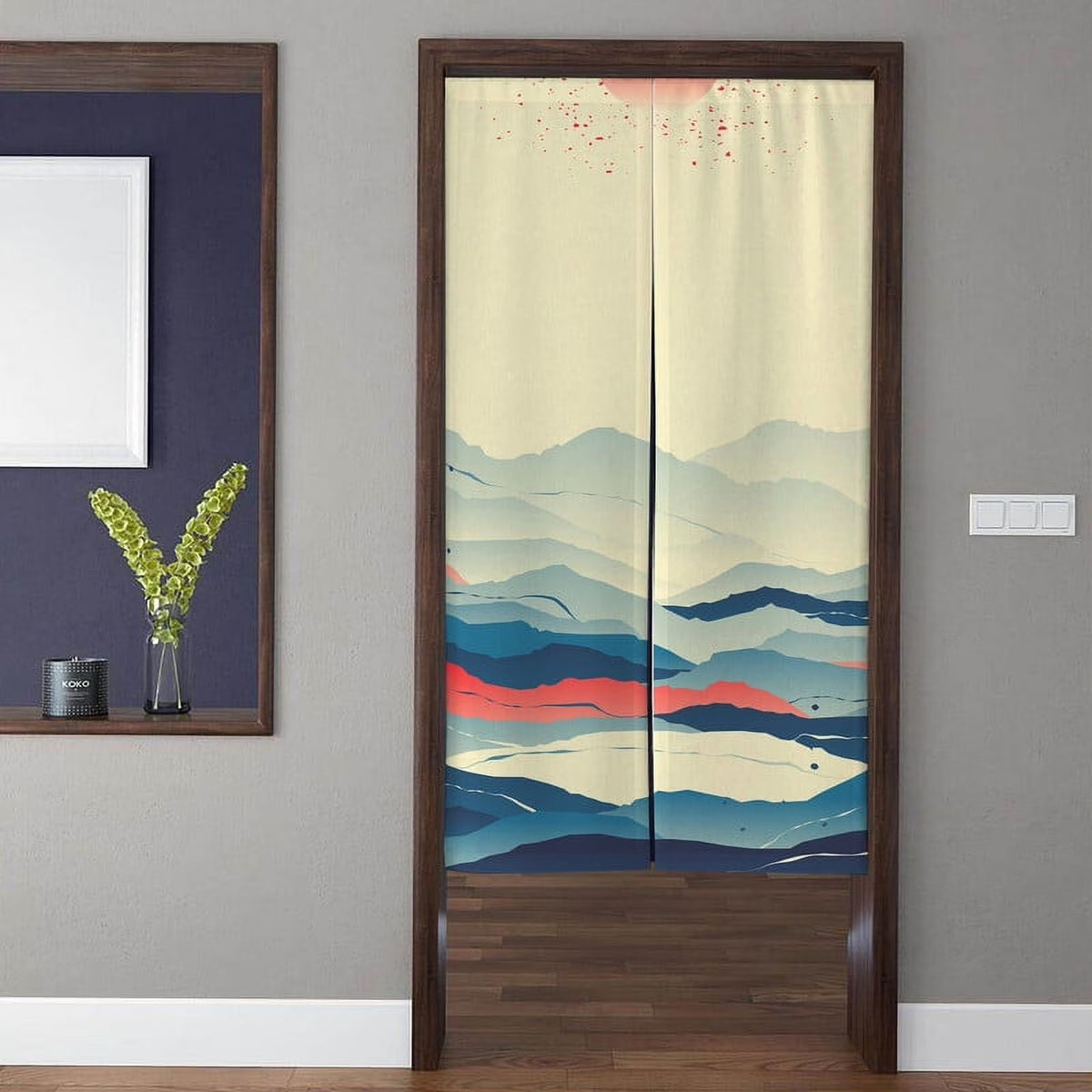 Minimalist Japandi Abstract Layered Blue Mountains & Sunset Red Doorway Curtain Noren Room Divider