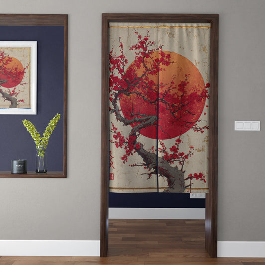 Japanese Traditional Crimson Sun & Gold Leaf Red Plum Blossom Doorway Curtain Noren Zen Room Divider
