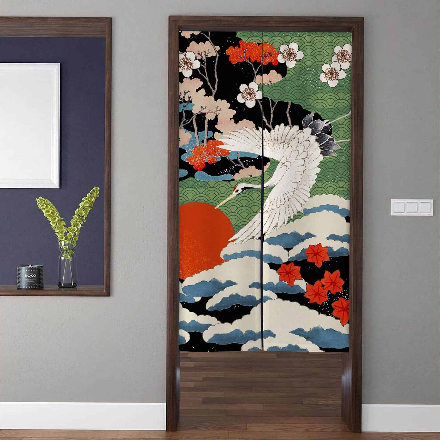 Japanese Traditional Flying Crane & Red Sun Doorway Curtain Noren Kimono Pattern Room Divider