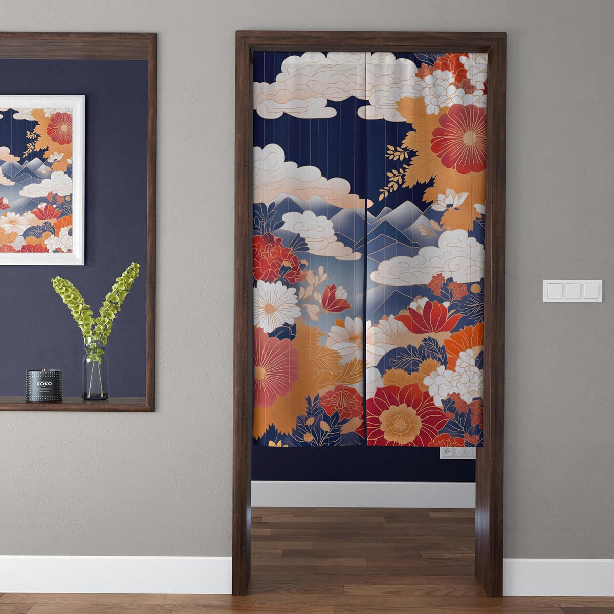Traditional Japanese Ukiyo-e Mt. Fuji with Clouds & Blooming Florals Doorway Curtain Noren Room Divider