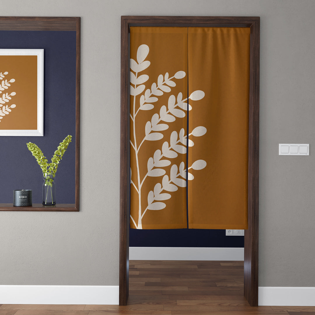 Japandi Minimalist Mustard Caramel Terracotta Botanical Leaf Doorway Curtain Noren Room Divider
