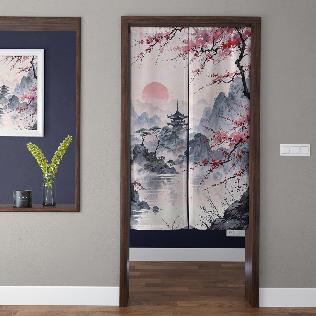 Japanese Traditional Ink Wash Lake Pagoda & Pink Sakura Sun Doorway Curtain Noren Zen Room Divider