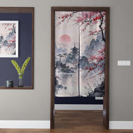 Japanese Traditional Ink Wash Lake Pagoda & Pink Sakura Sun Doorway Curtain Noren Zen Room Divider
