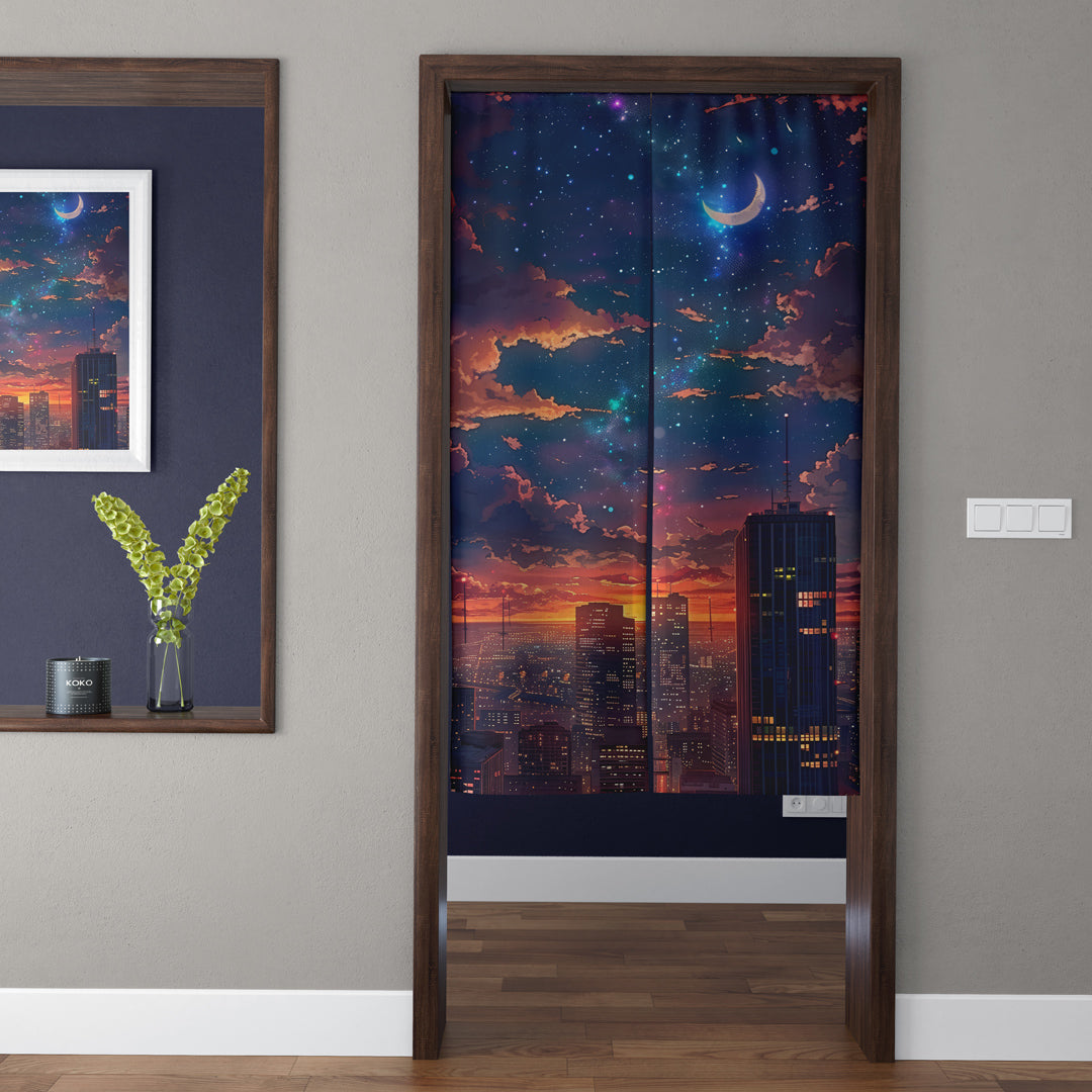 Japanese Anime Starlit Night Cityscape & Crescent Moon Doorway Curtain Noren Room Divider