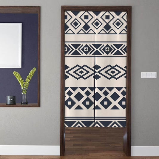 Minimalist Boho Tribal Geometric Aztec Striped Navy Blue & Cream Doorway Curtain Noren Room Divider