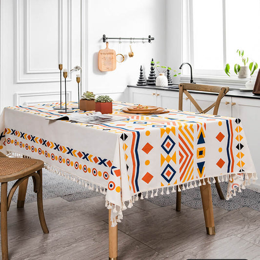 Boho Geometric Waterproof Tablecloth with Tassels – Stain-Resistant Cotton Linen Table Cover