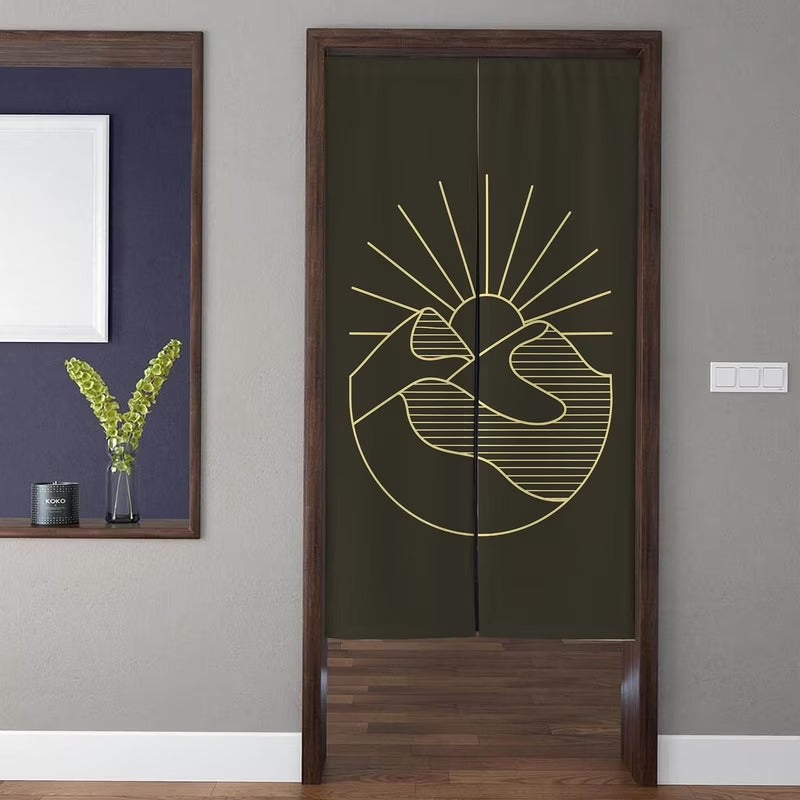 Minimalist Mid-Century Modern Gold Line Art Mountain Sunburst Circular Emblem Deep Olive Doorway Curtain Noren Room Divider