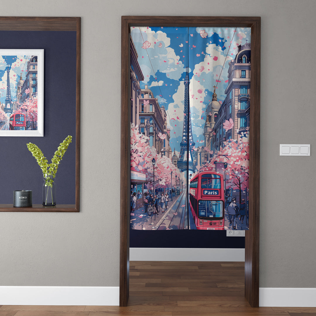Japanese Anime Eiffel Tower Paris Street & Cherry Blossom Doorway Curtain Noren Room Divider