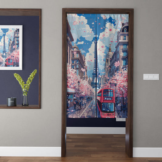 Japanese Anime Eiffel Tower Paris Street & Cherry Blossom Doorway Curtain Noren Room Divider