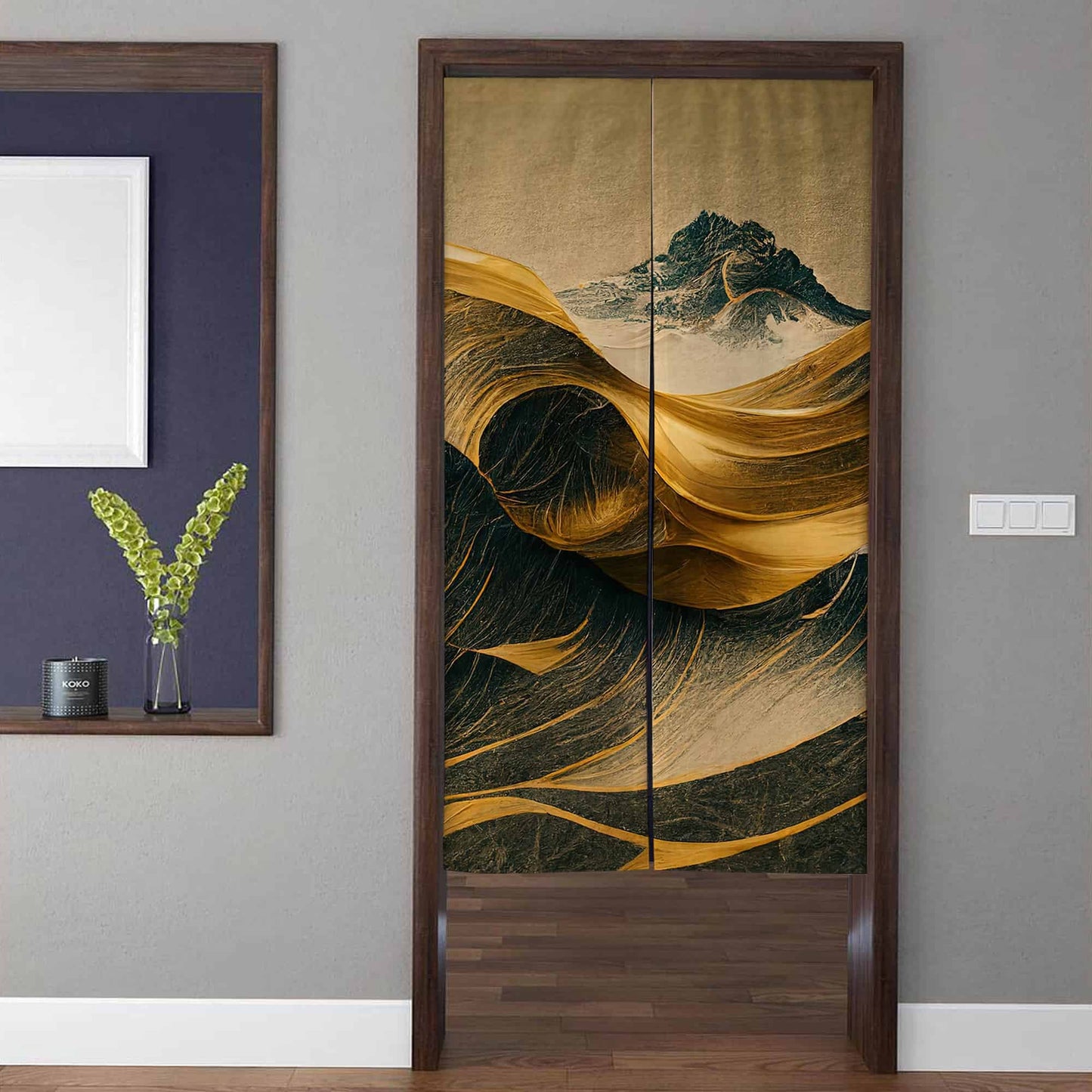 Abstract Liquid Gold Waves & Dark Mountain Doorway Curtain Noren Luxury Room Divider