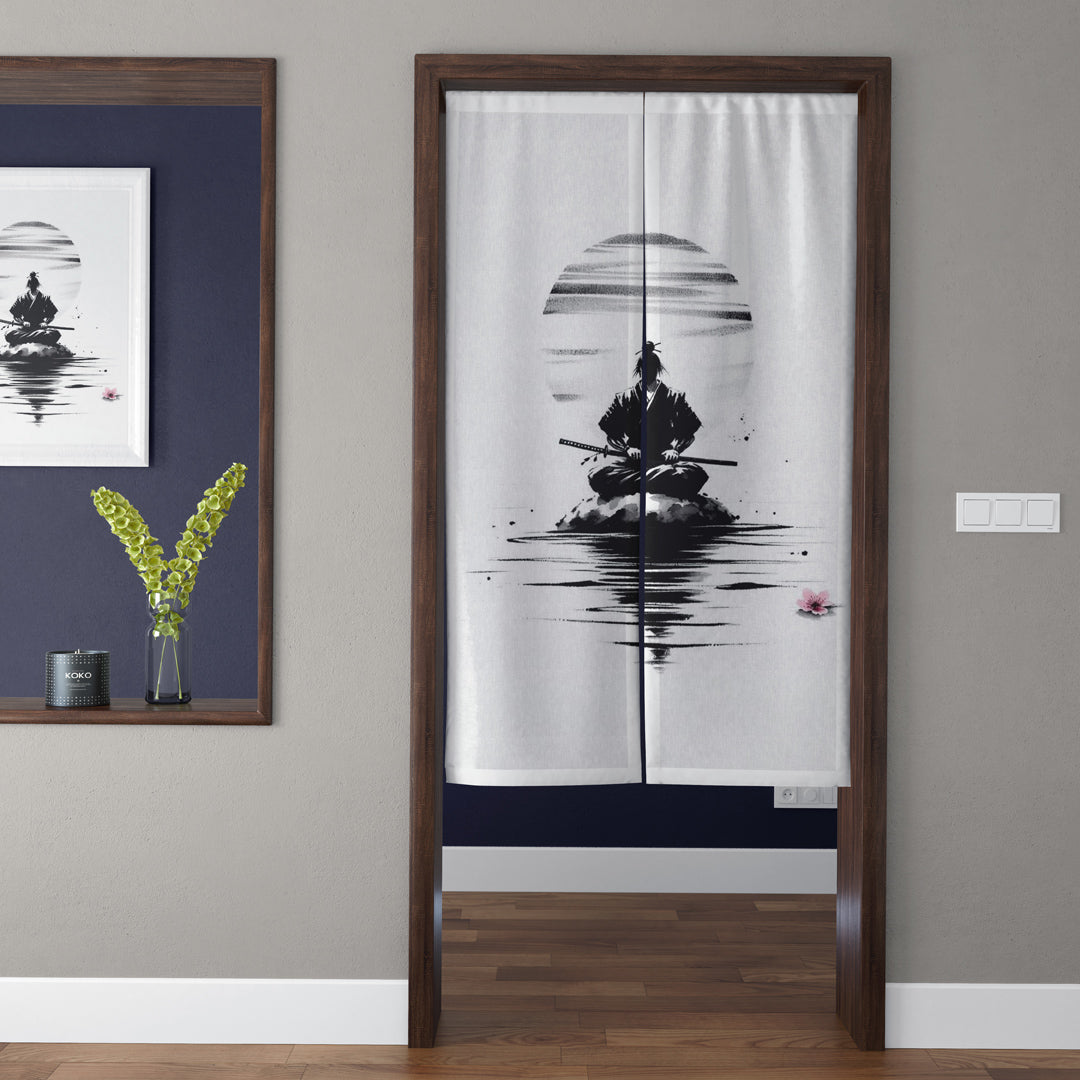 Japanese Traditional Black & White Sumi-e Meditating Samurai Doorway Curtain Noren Zen Room Divider