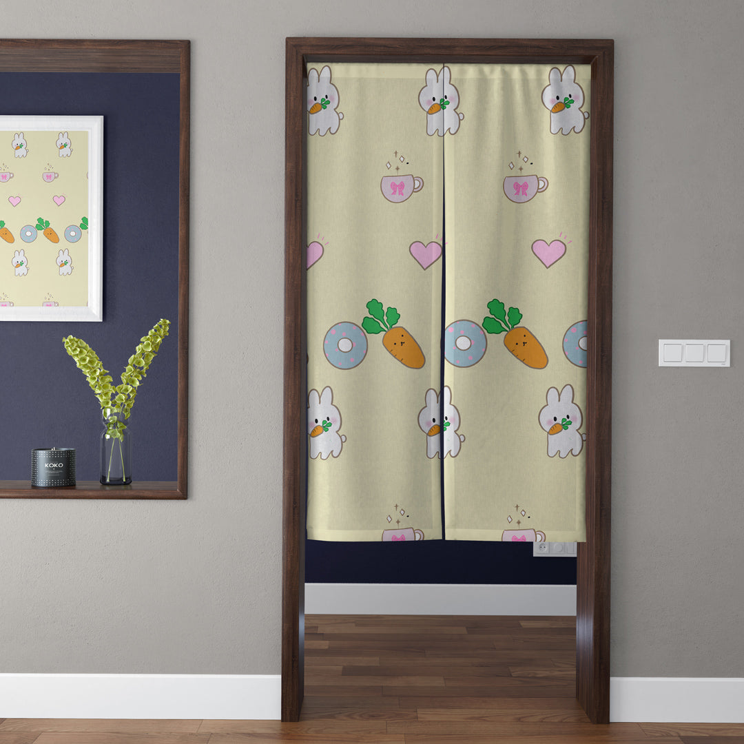 Cute Kawaii White Bunny with Carrot & Donuts Doorway Curtain Noren Nursery Room Divider