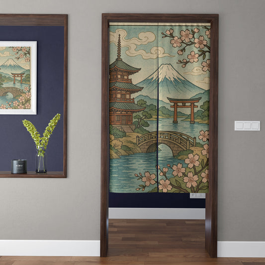 Japanese Traditional Ukiyo-e Mt. Fuji & Torii Gate Doorway Curtain Noren Zen Room Divider