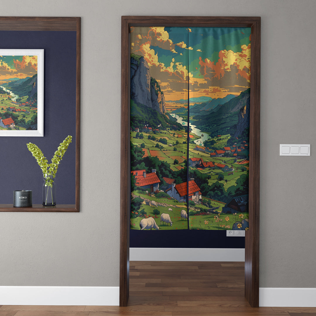 Ghibli Style Alpine River Valley Sunset Village & Grazing Sheep Doorway Curtain Noren Pastoral Room Divider