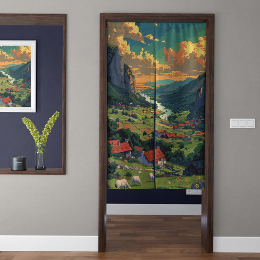 Ghibli Style Alpine River Valley Sunset Village & Grazing Sheep Doorway Curtain Noren Pastoral Room Divider